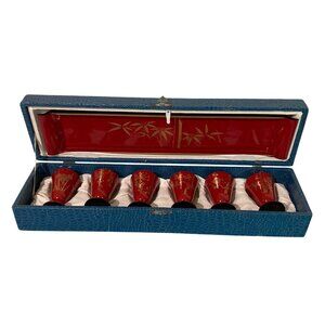 Vintage Japanese Urushi Lacquer Tray And 6 Hand Painted Cups - Original Box